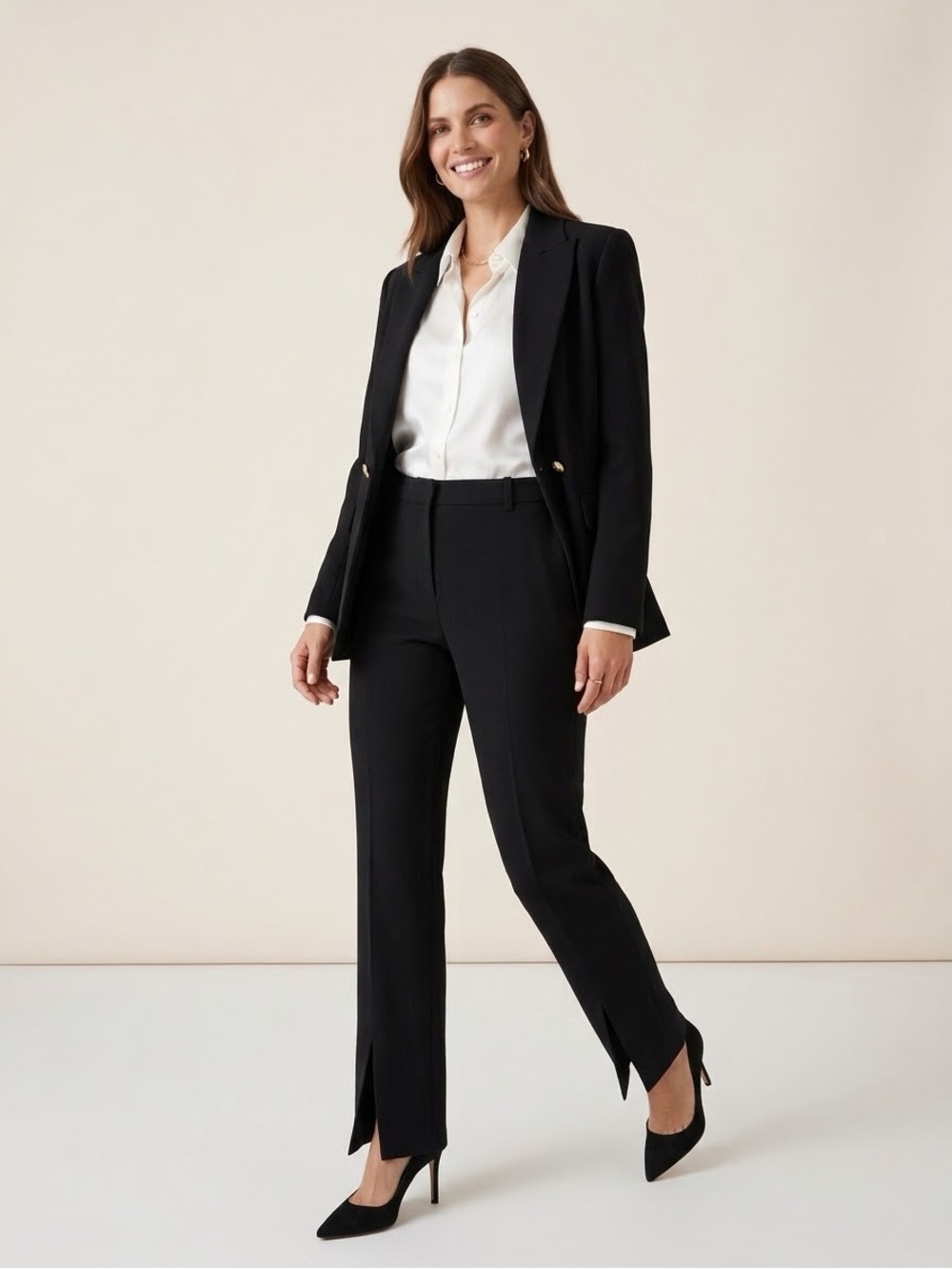 St. John Caviar Jennifer Pants 10 Black Crepe Marocain Front Ankle Slit Trousers